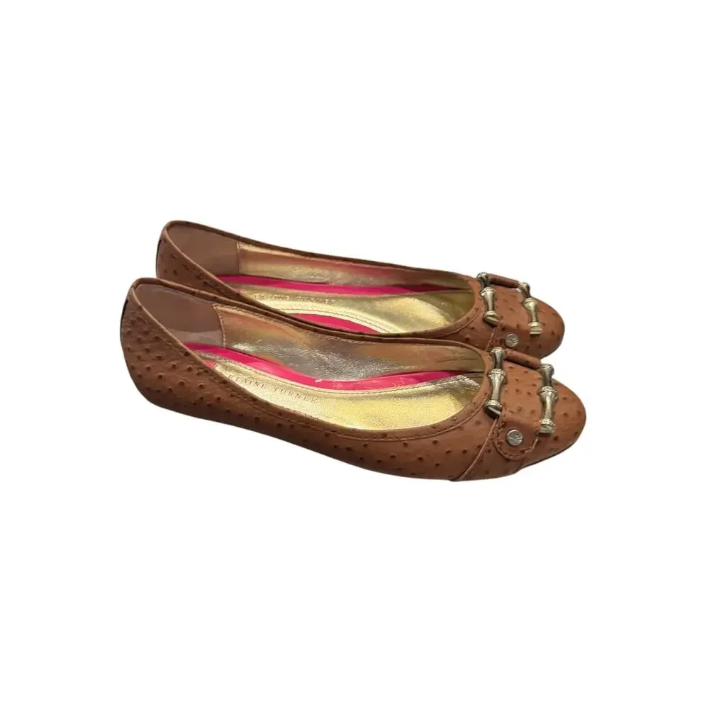 Elaine Turner Liz Ostrich Leather Bamboo Buckle Ballet Flats Brown Sz 7